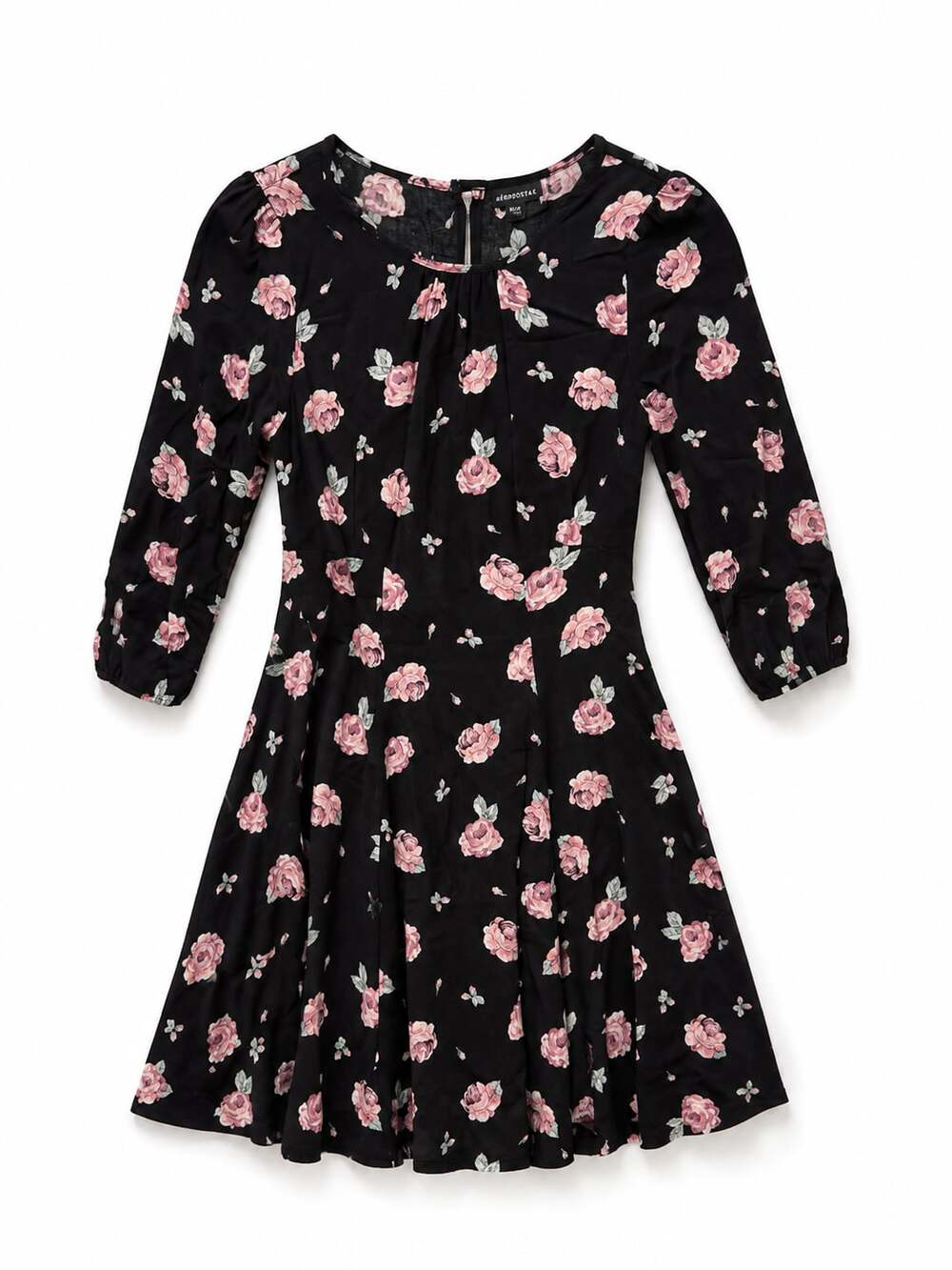 Warehouse Black Floral Print Three-Quarter Sleeve Mini Dress
